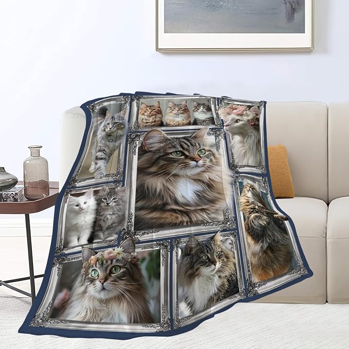 Maine Coon Cat Blanket Cute Kitten Throw Blankets Gifts for Girls Boys Kids Cat Lover Soft Cozy Fleece Plush for Couch Sofa Bed 60"x50"