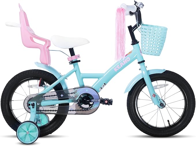 KEANO Zinnia 14 16 20 Inch Kids Bike for Girls Ages 3-10 Years, Girls' Bikes with Training Wheels, Streamers, Basket and Doll Seat, Children Bicycles