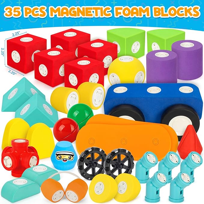 35 PCS Magnetic Foam Blocks for Kids, Large Magnetic Building Blocks for Toddlers 3+, Kids Bath Toys and Preschool STEM Educational Toys, Birthday for Boys & Girls 3 4 5 6+ Years Old