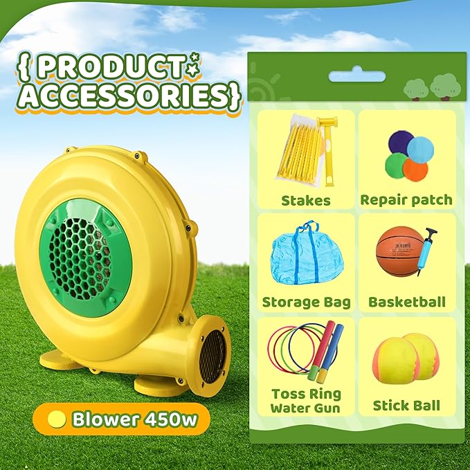 Inflatable Bounce House for Kids, Playhouse Castle with Blower Slides Ball Pit Pool Basketball Hoop and Toss Game for Kids Wet and Dry