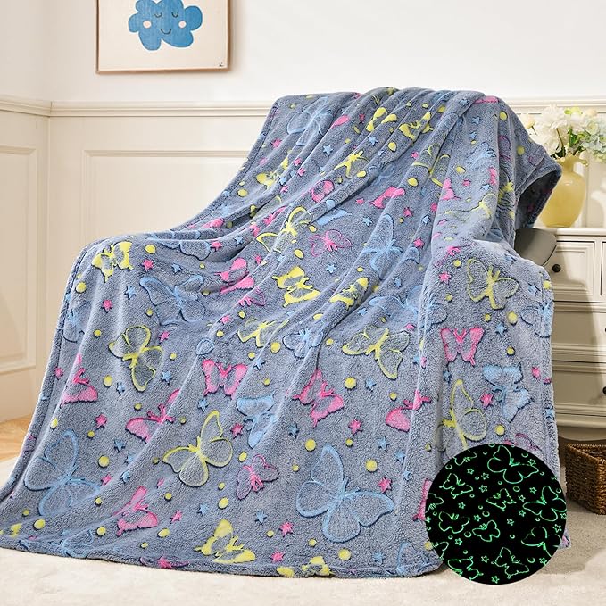 QSTEHEML Butterfly Glow in The Dark Blanket,Butterfly Gifts Toys for Kids Girls Age 3-12 Years Old, Birthday, for Daughter, Toddler, Teen, and Grandkids Soft Throw 50"×60"