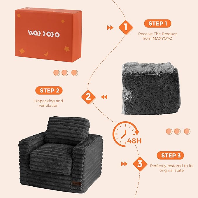 MAXYOYO Kids Bean Bag Chair, Comfy Faux Fur Bean Bag Sofa with Filler, Upholstered Floor Sofa with Pillows and Armrests, Lazy Floor Chair Couch for Boys and Girls, Black