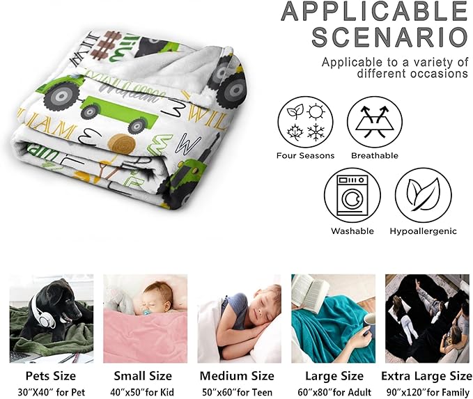 Custom Tractors Blanket with Name Personalized Tractors Blankets for Girls Boys Women Men Customized Blanket Gifts for Birthday 60"x80"for Adults