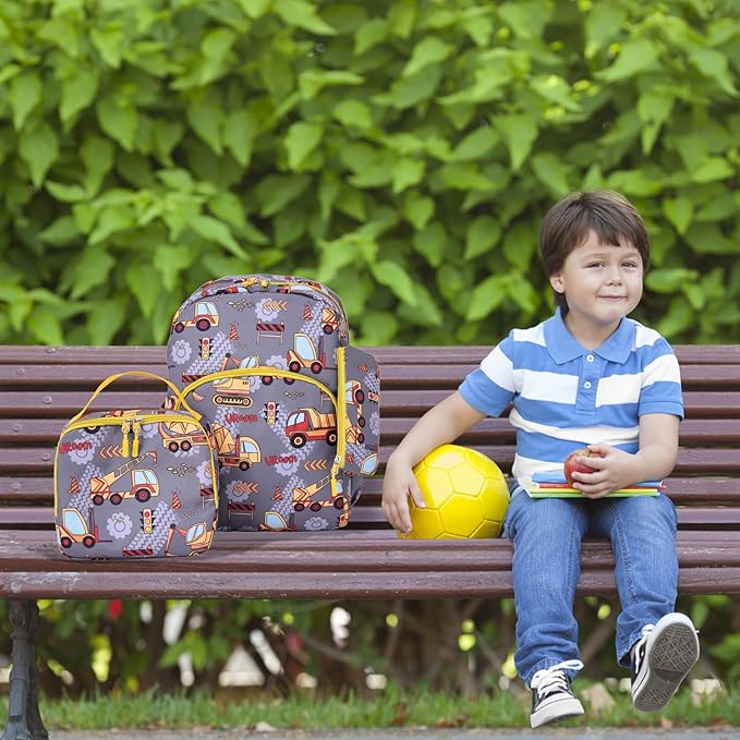 Cokouchyi 3 Pcs Kids Backpack Set with Lunch Box & Pencil Case, Lightweight Preschool Backpack for Boys Age 3-8, Kids Book bag Elementary, Truck Car