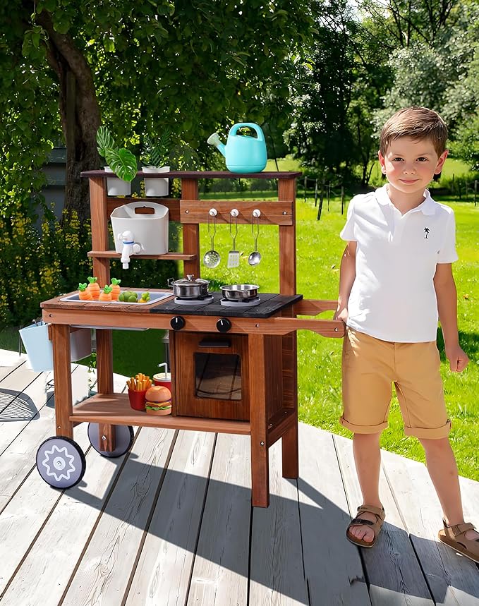 ROBUD Mud Kitchen for Kids Outdoor with Wheels, Wooden Outdoor Play Kitchen, Kids Mud Kitchen with Removable Sink & Faucet, Monteeori Toys for Children Ages 3+ Years, WG403