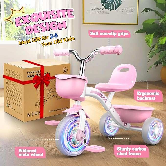 Toddler Tricycle for 1-3 3-4 Year Olds, Toddler Toys Baby Bike, Toys for Ages 2-4, 3-Level Adjustable Seat, 3 Colorful Lighting Wheels, 2 3 4 Year Old Girl Birthday Gifts Pink