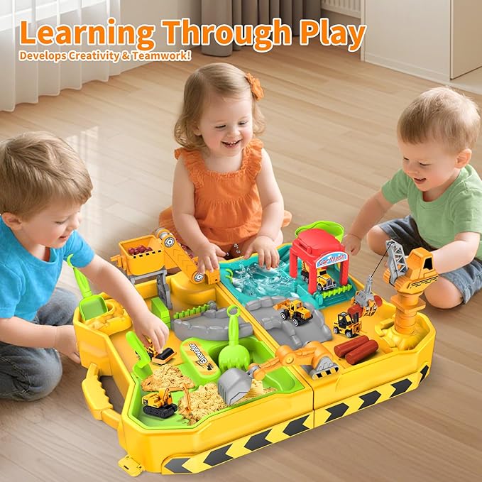 Construction Sandbox with 4 Trucks & Sand/Water Play-Foldable Portable Design Portable Beach & Backyard Toy for Ages 3-12, Outdoor Engineering Set with Rotating Crane for Kids