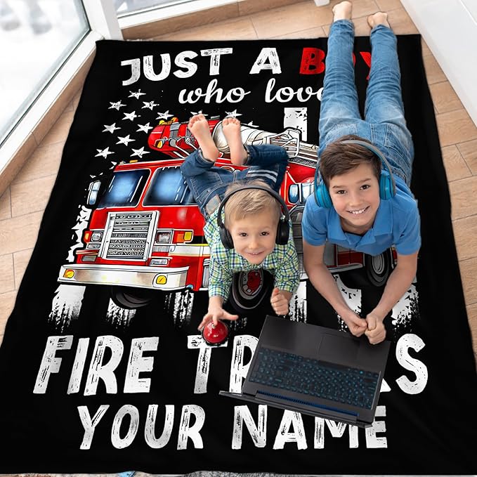 Custom Fire Truck Blanket for Boys, Cute Throw Blanket Gifts for Kids Truck Lovers, Personalized 60x80 Inches Black Soft Fuzzy Blankets for Sofa Couch Bed Travel