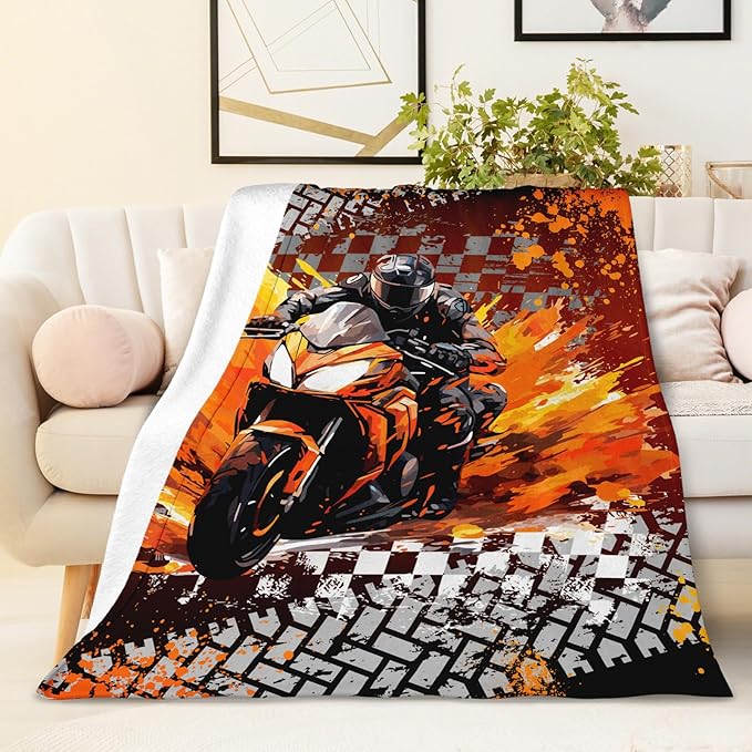 Motorcycle Blanket for Kids Boys Blankets Gift for Son Grandson, Cool Cozy Soft 50 x 40 Inches Flannel Throws for Bed Travel Sofa Living Room