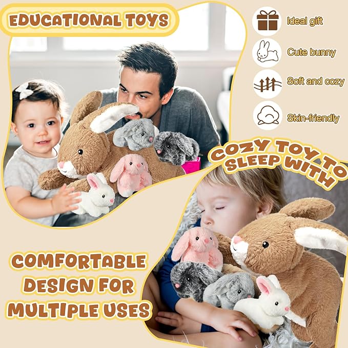 Syhood 5-Piece Bunny Stuffed Animal Set: Mommy Bunny Plush Doll with 4 Babies - Cute Fluffy Plush Rabbits for Huggable Sleeping, Holiday, Birthday Gifts