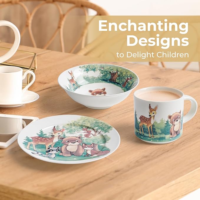 MIAMIO β Set of 3 Kids Dinnerware Set/Porcelain Children Dishes, Kids Dish Set, Childrenβs Tableware Set - Includes Plate, Bowl and Cup β For Kids and Toddler (Forest)