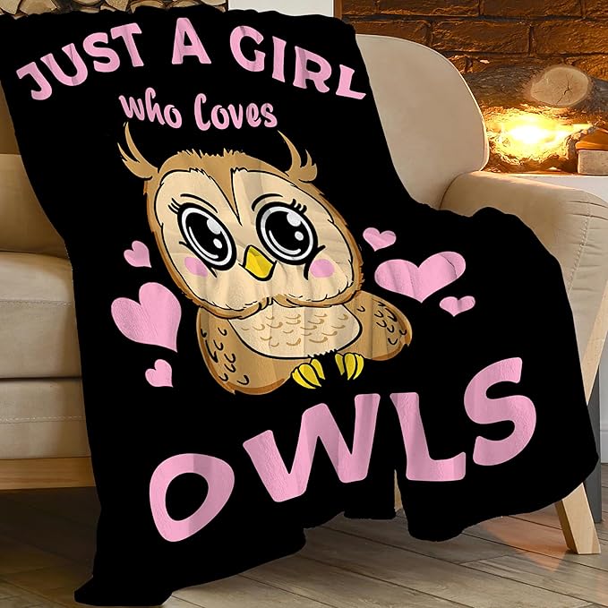 Owl Blanket Just A Girl Who Loves Owls Throw Blanket Gifts for Kids Girls Boys Adults Women Men Super Soft Cozy Plush Fluffy Fuzzy Fleece Blanket Decor 60''X80''