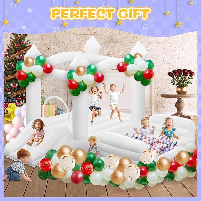 White Bounce House for Kids 3-8, Large Inflatable Bouncy House with Air Blower Slide Ball Pit Jumping 100 Balloons, Bouncy Castle for Party Birthday Wedding Event Indoor Outdoor (10x6x6FT)