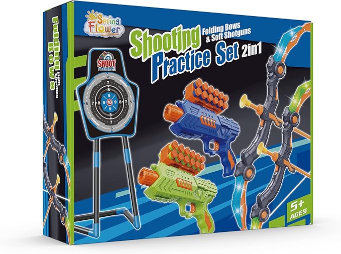 SpringFlower 2 Bow and Arrow Sets with LED Light-up,2 Foam Dart Guns for Kids 5 6 7 8 9 10+ Years Old, Archery Set with Standing Target for Boys & Girl, Ideal Gift