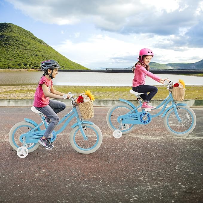 BABY JOY Kids Bike, 14 16 18 Inch Retro Kids Bicycles for 3-8 Years Old Children with Training Wheels, Adjustable Height, Rattan Basket, Handbrake & Coaster Brake, Boys Girls Bike (Pink, Green, Blue)