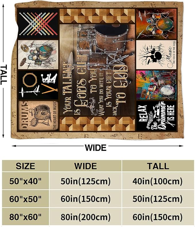 Rock Music Blanket Ultra Soft Cozy Drum Set Kit Throw Blanket Fleece Fuzzy Plush Bedding Vintage Musical Instrument Lovers Gifts for Women Girls Kids Adults 60"x50"
