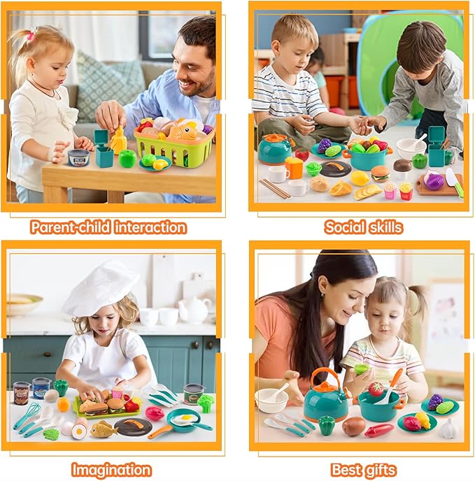 118Pcs Mini Play Kitchen Accessories for Kids, Pretend Cooking Playset with Cookware, Tableware & 2 Fruit Sets, Learning Gift for Girls, Boys, Toddlers, Green