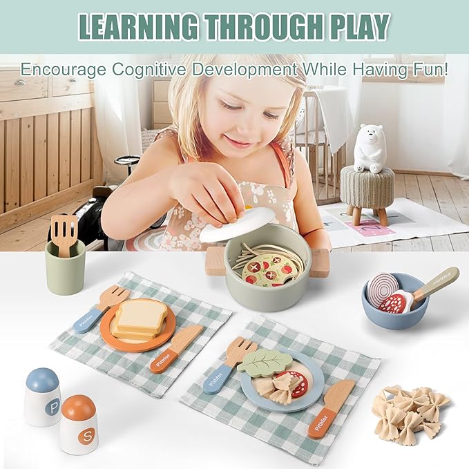 Wooden Play Cooking Set, Pretend Play Kitchen Accessories Toys Set for Kids Toddlers, Including Play Dishes, Pot and Pan, Utensils, Gifts for 3 4 5 Years Old Girls Boys