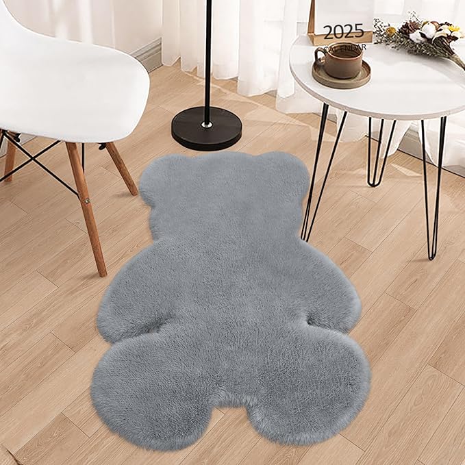 3x3.9ft Grey Small Bear Shaggy Rug, Soft Fluffy Faux Sheepskin Fur Rug Fuzzy Shag Area Rug Cute Plush Carpet for Nursery Kids Girls Bedroom Room Aesthetic Living Room Floor Home Decor, Grey