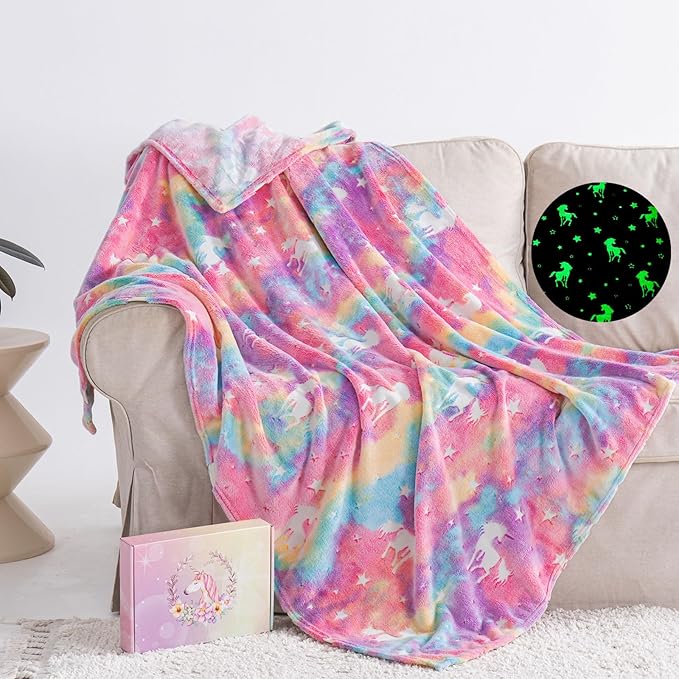 QSTEHEML Unicorn Glow in The Dark Blanket,Unicorn Gifts Toys for Kids Girl Age 3-12 Years Old,Birthday Gifts for Toddler, Teen,Christmas Birthday Bedroom Decor 50"×60"