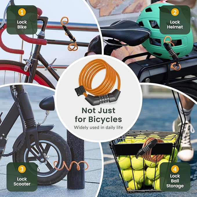 Titanker Bike Lock Cable, 4 Feet Bike Cable Lock Basic Self Coiling Kids Bike Lock Combination with Complimentary Mounting Bracket, 5/16 Inch Diameter (4FT, Orange-8mm)