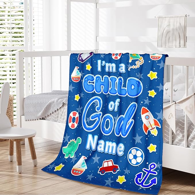 Personalized Blanket for Boys, Christian Throw Blanket Gifts for Kids Teens, 50"x60" Blue Cute Custom Flannel Blankets for Boys Age 8-10 Lightweight Throws for Couch Sofa Bed Decor, Christian Gift