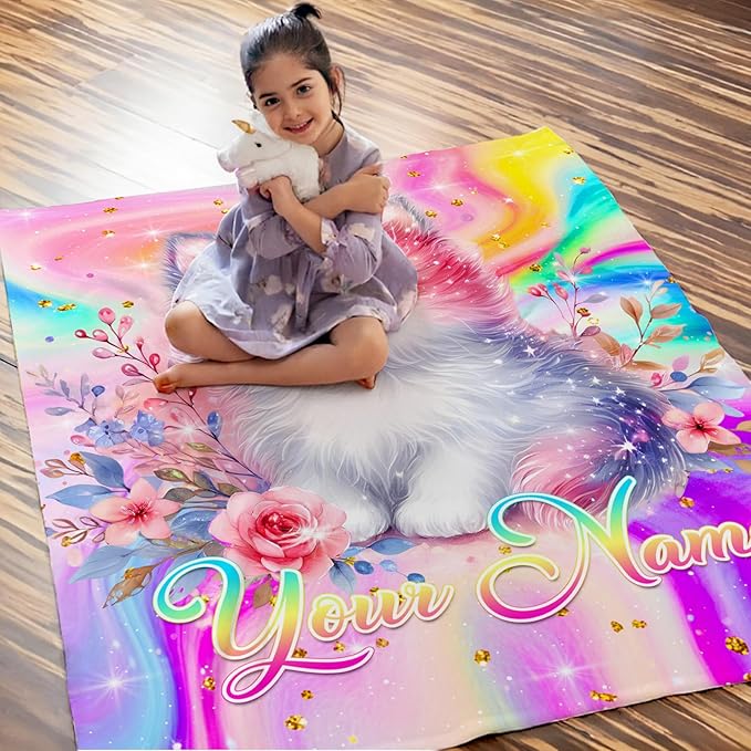 Personalized Blanket for Girls, Cat Throw Blanket Gift for Kids Teens Cats Lovers, Custom 50"x40" Soft Cozy Flannel Blankets for Couch Sofa Bed Bedroom Decor