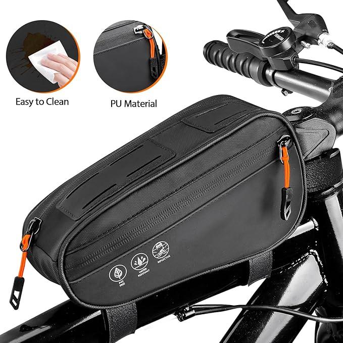 WOTOW Bike Frame Bag - 3 Ways Installation Water Resistant Reflective Bicycle Top Tube Bag with Two Side Pockets, Ebike Cycling Triangle Bag Pouch Accessories for MTB Road Travel (1.2L)