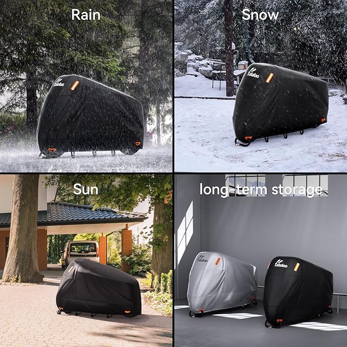 Motorcycle Cover Waterproof Outdoor, 300D Heavy Duty, UV & Rain Resistant, 3 Wind-Resistant Buckles, Dual Lock Holes, Includes Storage Bag, Fits Most Motorcycles/Scooters up to 86.6",Black