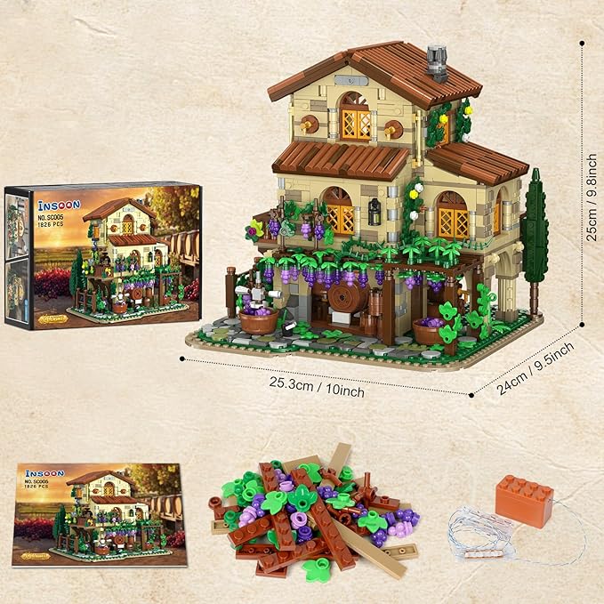 Winery Chateau House Building Set with Lights, Vineyard Castle Construction Model Home Decor, 1826 PCS Vine Estate Autumn Cabin Building Block Kit, Birthday Gift for Adults Teens Boys Girls