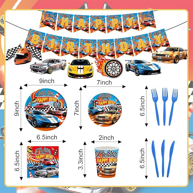 122 Pcs Flame Racing Party Supplies Racing Themed Party Birthday Decorations for Kids Boys 20 Guests