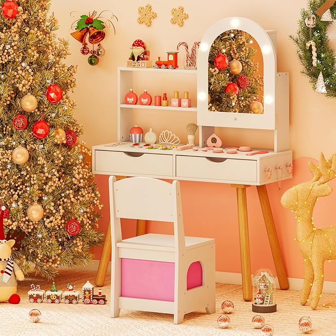 Costzon Kids Vanity with Lights, Girls Vanity Set with Mirror Cabinet, Storage Drawers, Hooks & Shelves, Toddler Makeup Vanity Desk Dressing Table, Wooden Kids Vanity Table and Chair Set (White)