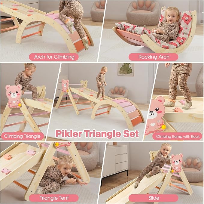 Pikler Triangle Set with Cushion, 7 in 1 Climbing Toys for Toddlers Inside, Montessori Foldable Climbing Set, Wooden Climbing Toys Indoor with Arch, Ramp and Ladder(Bear)