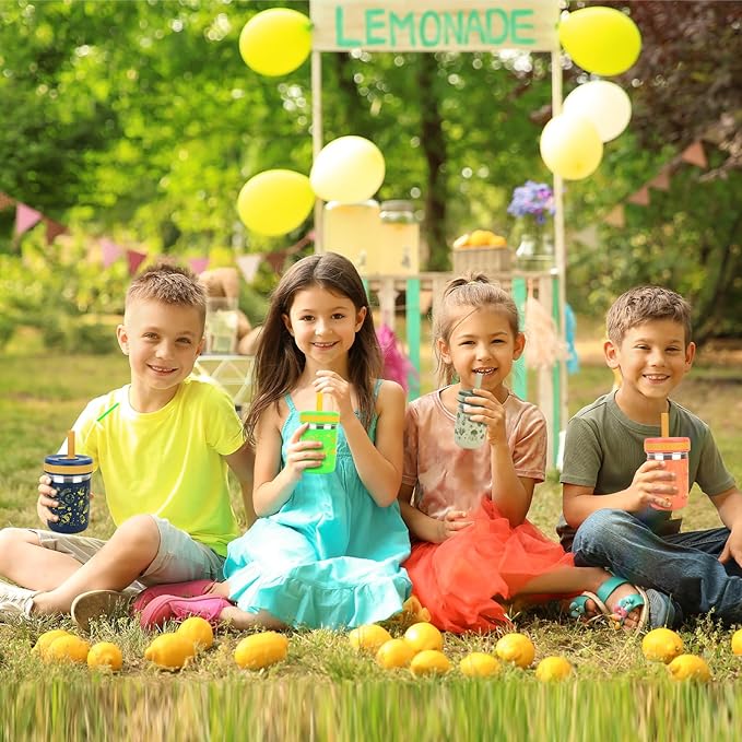 Sursip Stainless Steel Kids & Toddler Cups with Straws and Lids|15 oz Mason jars for Snacks & Smoothie|Spill-Proof Sippy Drinking Water Cups, BPA-Free, Dishwasher Safe