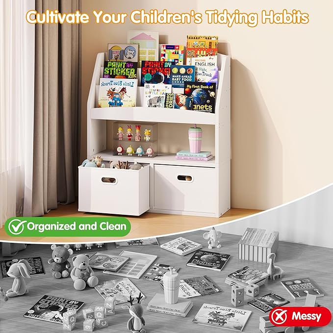 Homeiju Kids Bookshelf & Toy Storage Organizer with 2 Fabric Bins, 3 Tier Children Book Shelf, Toddler Bookcase for Toddler, Kids Room, Toys, Nursery, Playroom, White