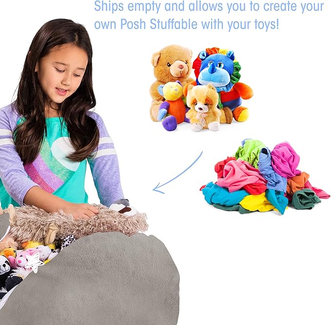 Posh Creations Stuffable Kids Stuffed Animal Storage Bean Bag Chair Cover - Childrens Toy Organizer, Medium 27" - Soft Faux Rabbit Fur Gray