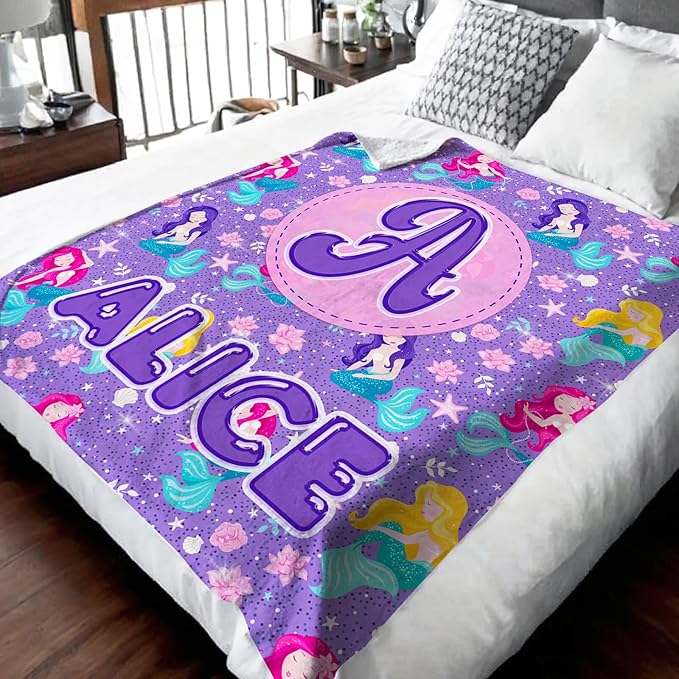 Kids Girls Blankets Gift, Personalized Mermaid Blanket with Initial Monogram Name for Kids Toddlers Girls Age 6-8, Soft Cozy Flannel Throw for Sofa Bed Couch Decor