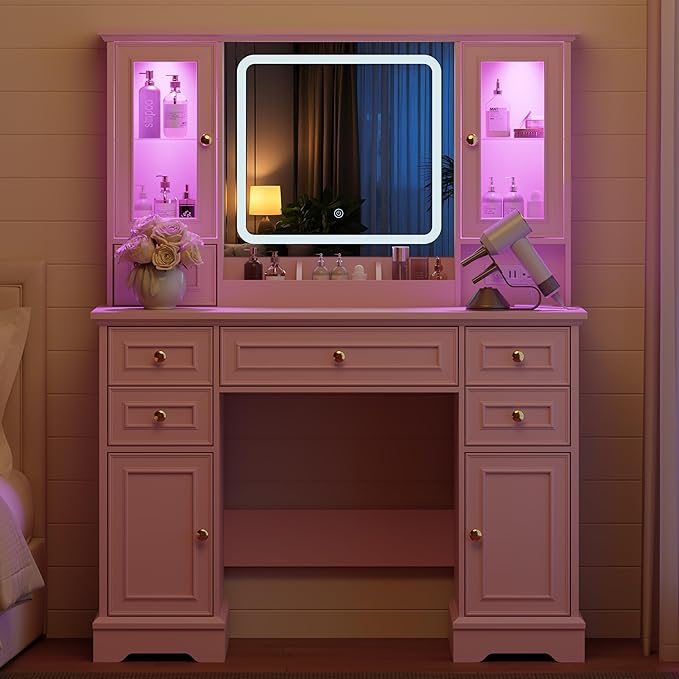 43'' Makeup Vanity with Mirror and Lights, Farmhouse Vanity Desk with Drawers & Charging Station, 3 Lighting Modes & Adjustable Brightness, Glass Cabinet, Dressing Table for Bedroom, Pink