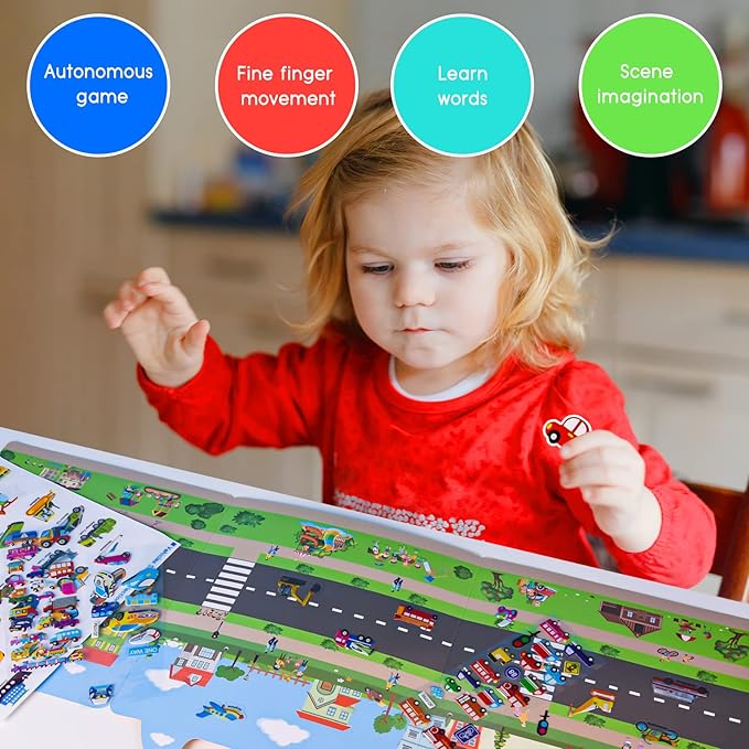 ASTARON 88 Pcs Vehicle Sticker Book for Toddlers, Reusable 3D Sticker Books Road Trip Activities Car Airplane Activities Travel Toys for Kids(2-6 Age)