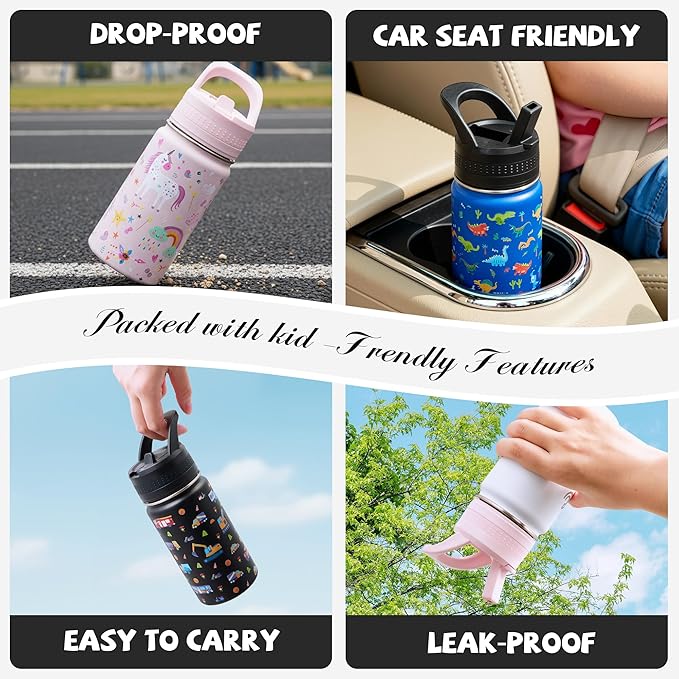 2 Pack Kids Water Bottle,14oz Stainless Steel Insulated Water Tumbler Leak-Proof,School Water Mug,Small and Portable,Suitable for Boys and Girls to Use(Black + Pink)