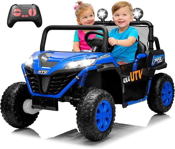 2 Seater 24V Ride On Toys for Big Kids, Electric UTV Car with Remote Control, 4-Wheeler Suspension, Side by Side Vehicle Max 110lbs, Soft Start, Bluetooth, Lights, Ride on Truck Kids 3 Years+, Blue