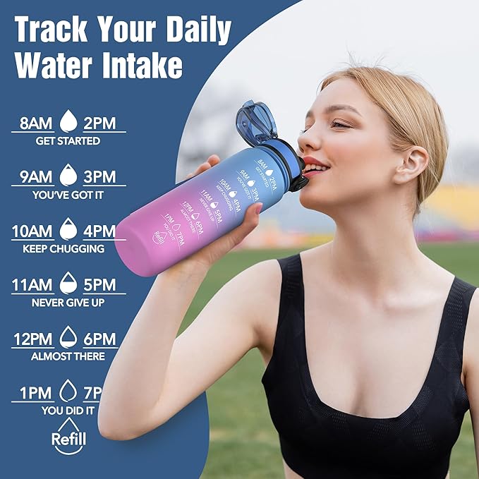 OLDLEY Water Bottle, 32oz Motivational Sports Water Bottle with Time Marker - Times to Drink - Tritan, BPA Free, Wide Mouth Leakproof, Blue Amethyst (1 Bottle)