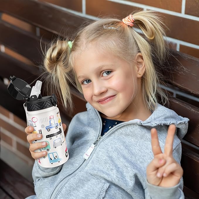 GOPPUS Kids Water Bottle (Straw Lid) - 14 Oz Stainless Steel Travel Bottle, Double Wall Vacuum Leak Proof Kids Cup for School Boys Girls,White engineering car