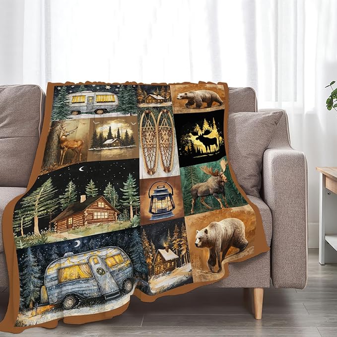 Camping Blanket Cabin Bear Deer Throw Blankets Gifts for Girls Boys Kids Camping Lover Soft Cozy Fleece Plush for Couch Sofa Bed 80"x60"