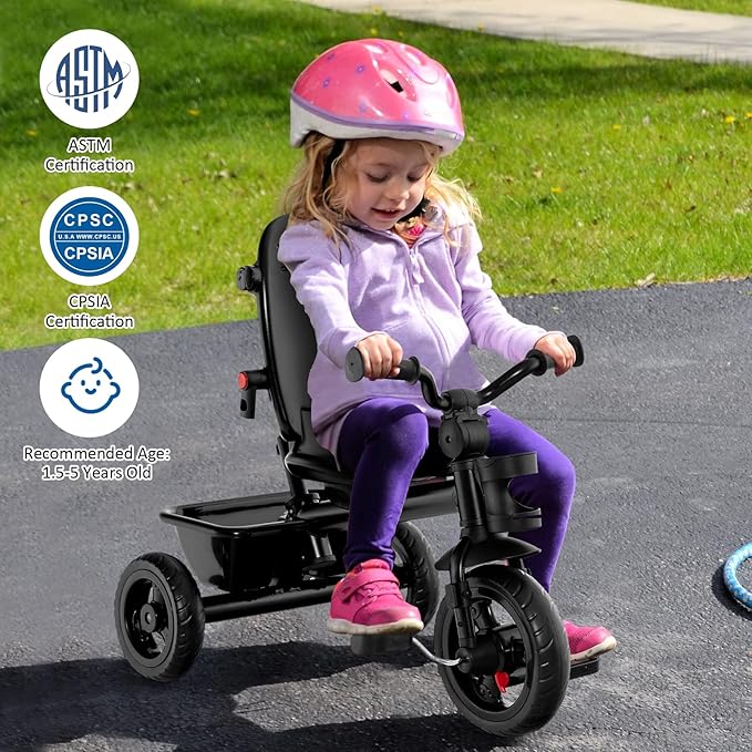 BABY JOY Tricycle, 5 in 1 Toddler Bike W/Removable Push Handle, Reversible Seat, EVA Wheel, Adjustable Canopy, Cup Holder & Storage, Ideal for Kids 1.5-5 Years Old, Tricycle for Toddler (Pink)