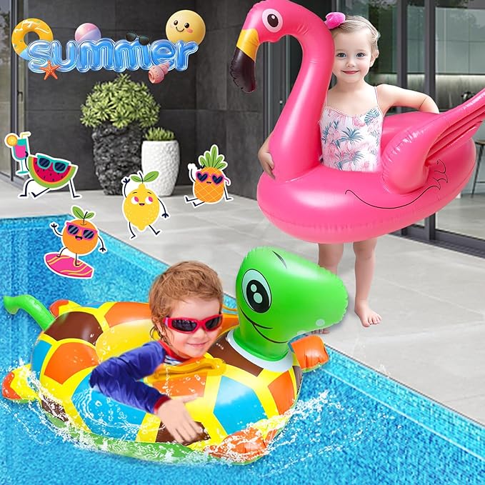 4 Pack Inflatable Pool Floats for Toddler Age 1-4 Animal Swim Tube Rings for Kids Infant Baby Ride on Beach Floaties with Safety Seat&Handle for Summer Lake Pool (Flamingo, Turtle, Whale, Dalmatian)