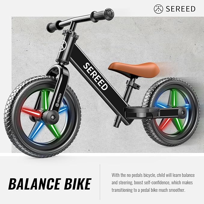 SEREED Toddler Balance Bike 2 Year Old, No Pedal Kids Bicycle Toys for 2-5 Years Old, Tool-Free Adjustment, Customize Plate with Stickers, Gift for 2-3 Boys Girls (Black Lighting)