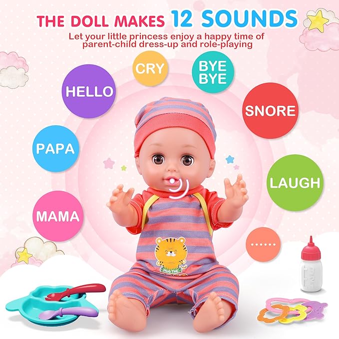 Baby Doll Stroller Toys Set, 12″ Doll with Accessories, 28Pcs Baby Dolls and Stroller Set with Care Bag, Clothes, Baby Bottle, Realistic Pretend Play Toy for Girls 3-5, 4-6, 7 Years Old Toddler Gift