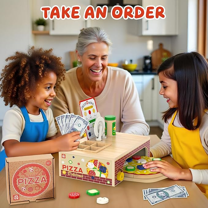 Wooden Pizza Toy - Montessori Pretend Play Food for Ages 3+, Educational Learning Toy Wooden Playset with Bake Oven, Christmas Birthday Gift for 3 4 5 6 Year Old