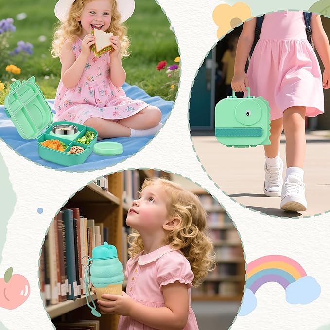 Dinosaur Lunch Box for Kids with Secret Compartment | 4 Compartments Bento Box + 12oz Insulated Food Jar | Leak-Proof Sauce Cup & Collapsible Spoon | BPA-Free, Dishwasher Safe(Green+Green Jar)